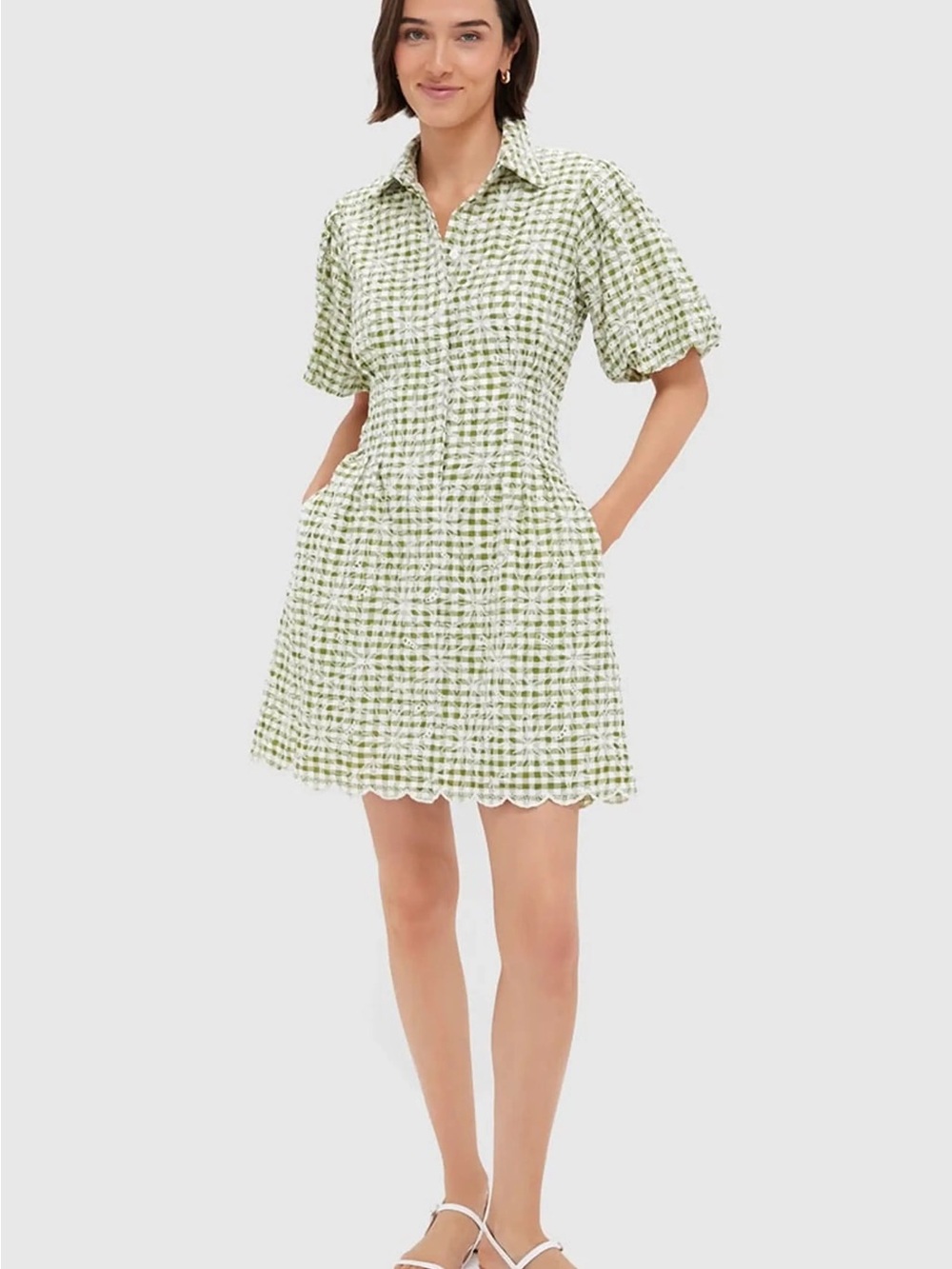 Tuckernuck Embroidered Floral Green Gingham Mini Delaney Dress